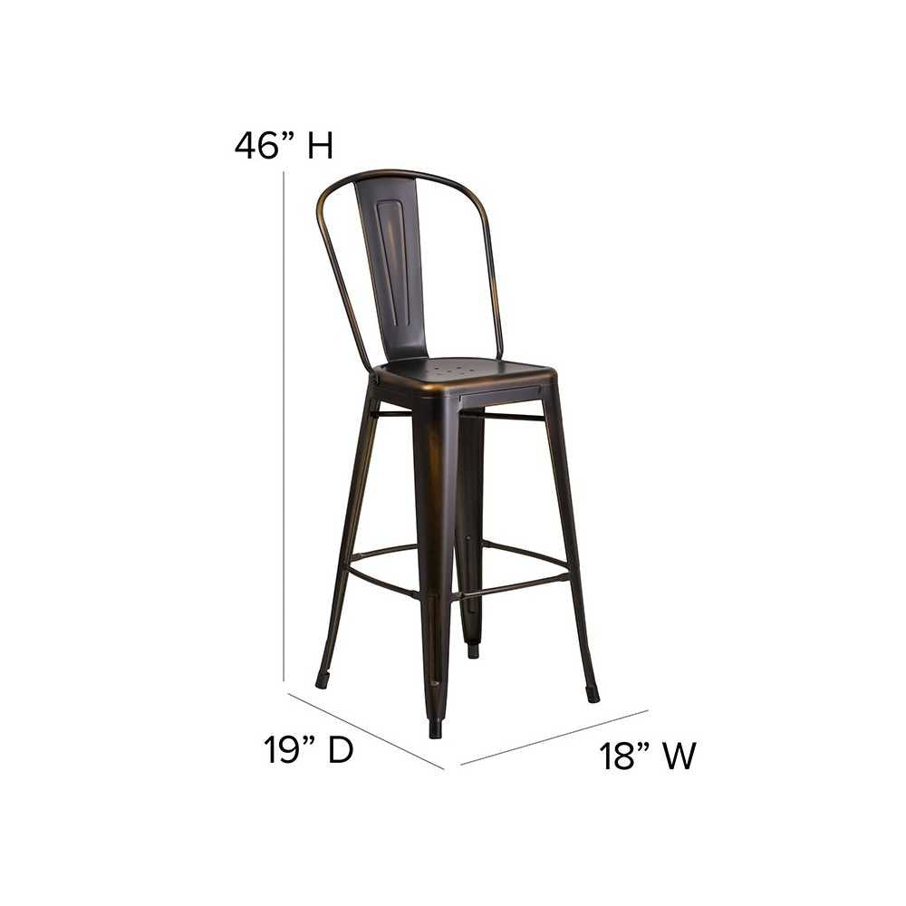 Commercial Grade 30" High Distressed Copper Metal Indoor-Outdoor Barstool with Back
