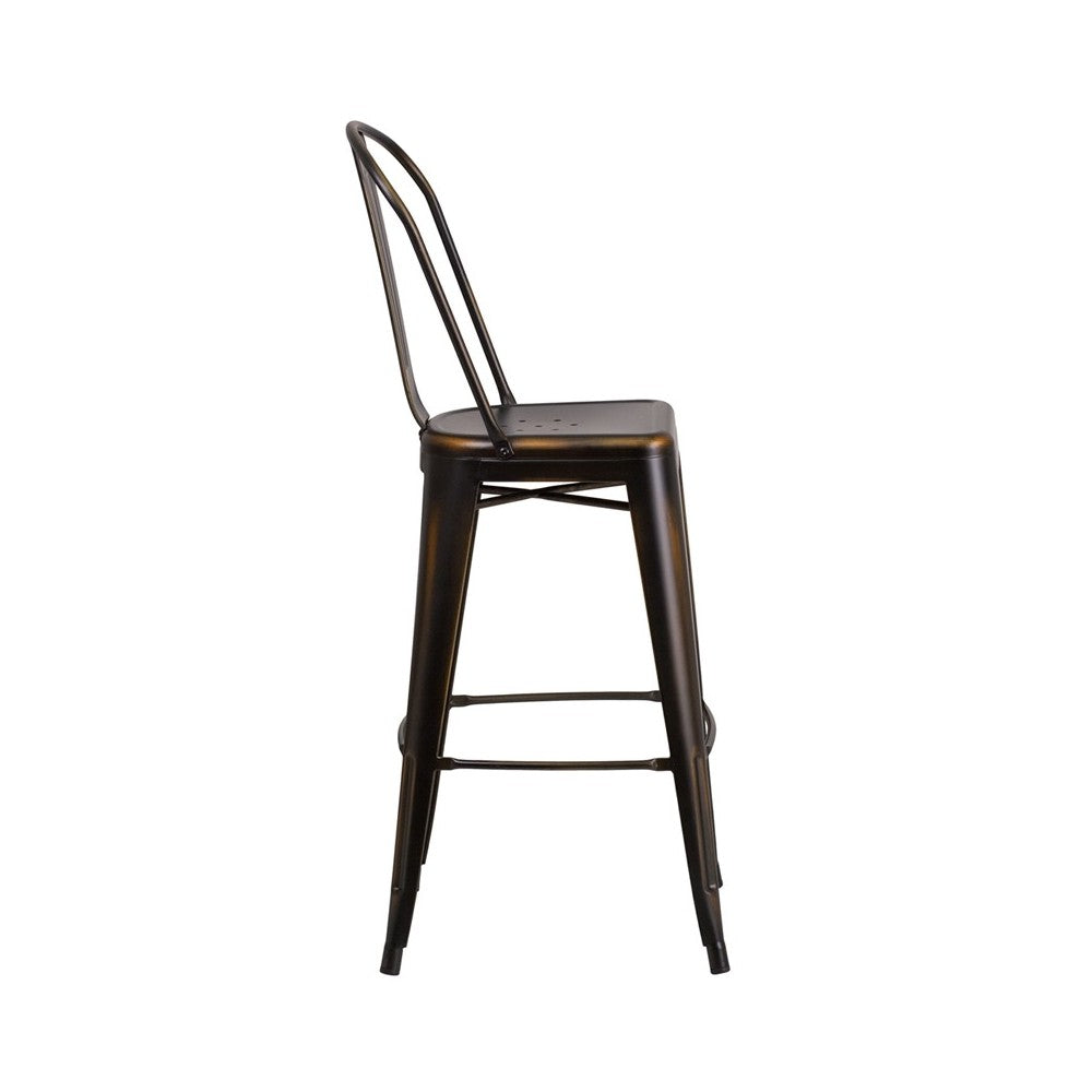 Commercial Grade 30" High Distressed Copper Metal Indoor-Outdoor Barstool with Back
