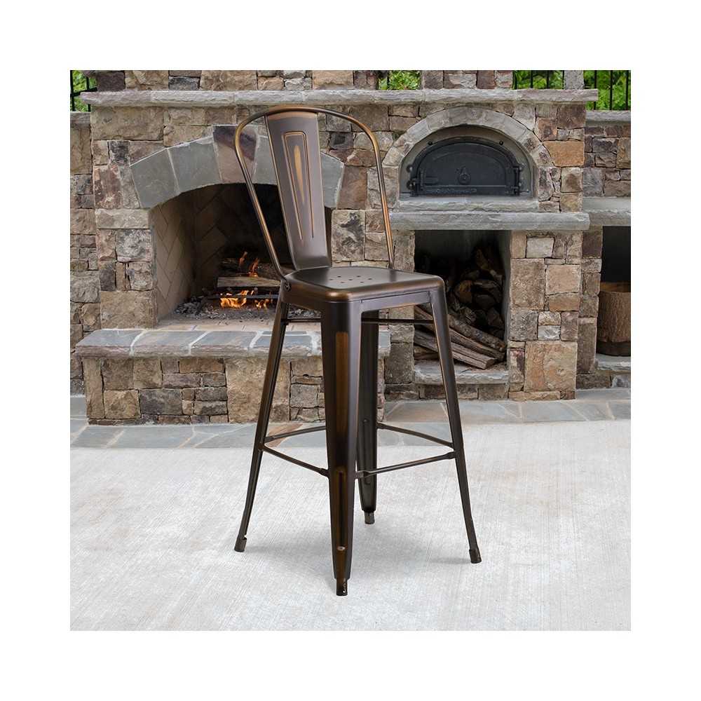 Commercial Grade 30" High Distressed Copper Metal Indoor-Outdoor Barstool with Back