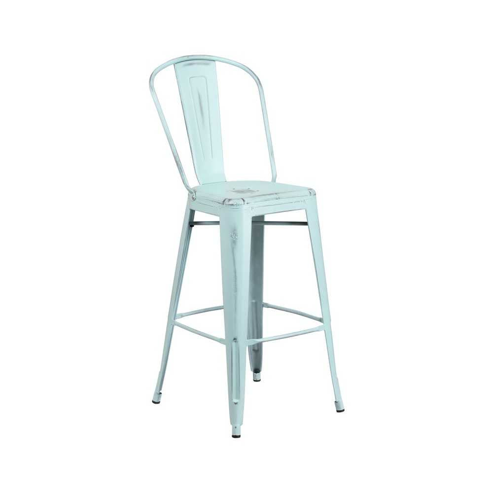 Commercial Grade 30" High Distressed Green-Blue Metal Indoor-Outdoor Barstool with Back