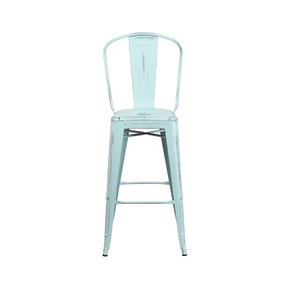 Commercial Grade 30" High Distressed Green-Blue Metal Indoor-Outdoor Barstool with Back