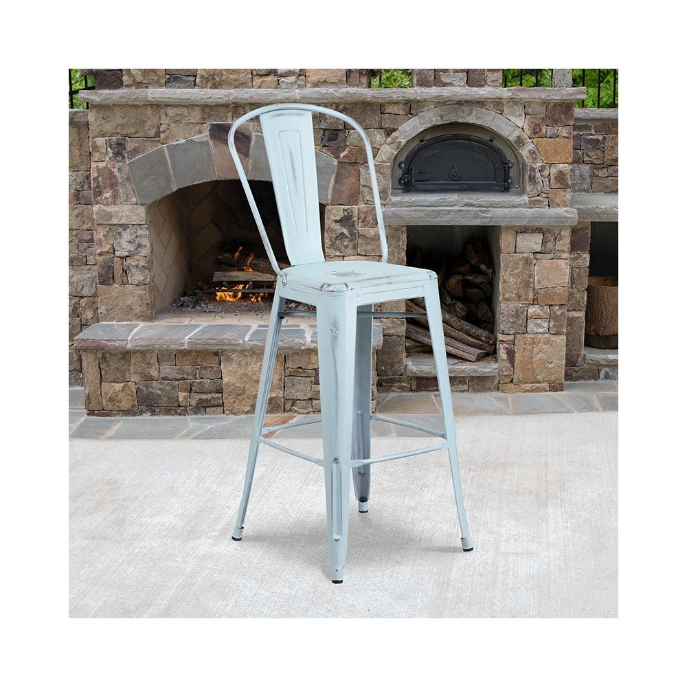 Commercial Grade 30" High Distressed Green-Blue Metal Indoor-Outdoor Barstool with Back