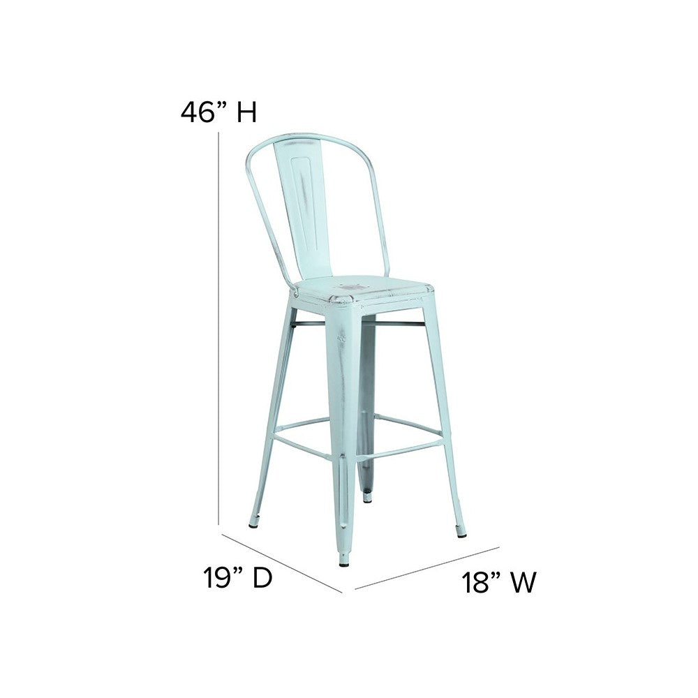 Commercial Grade 30" High Distressed Green-Blue Metal Indoor-Outdoor Barstool with Back