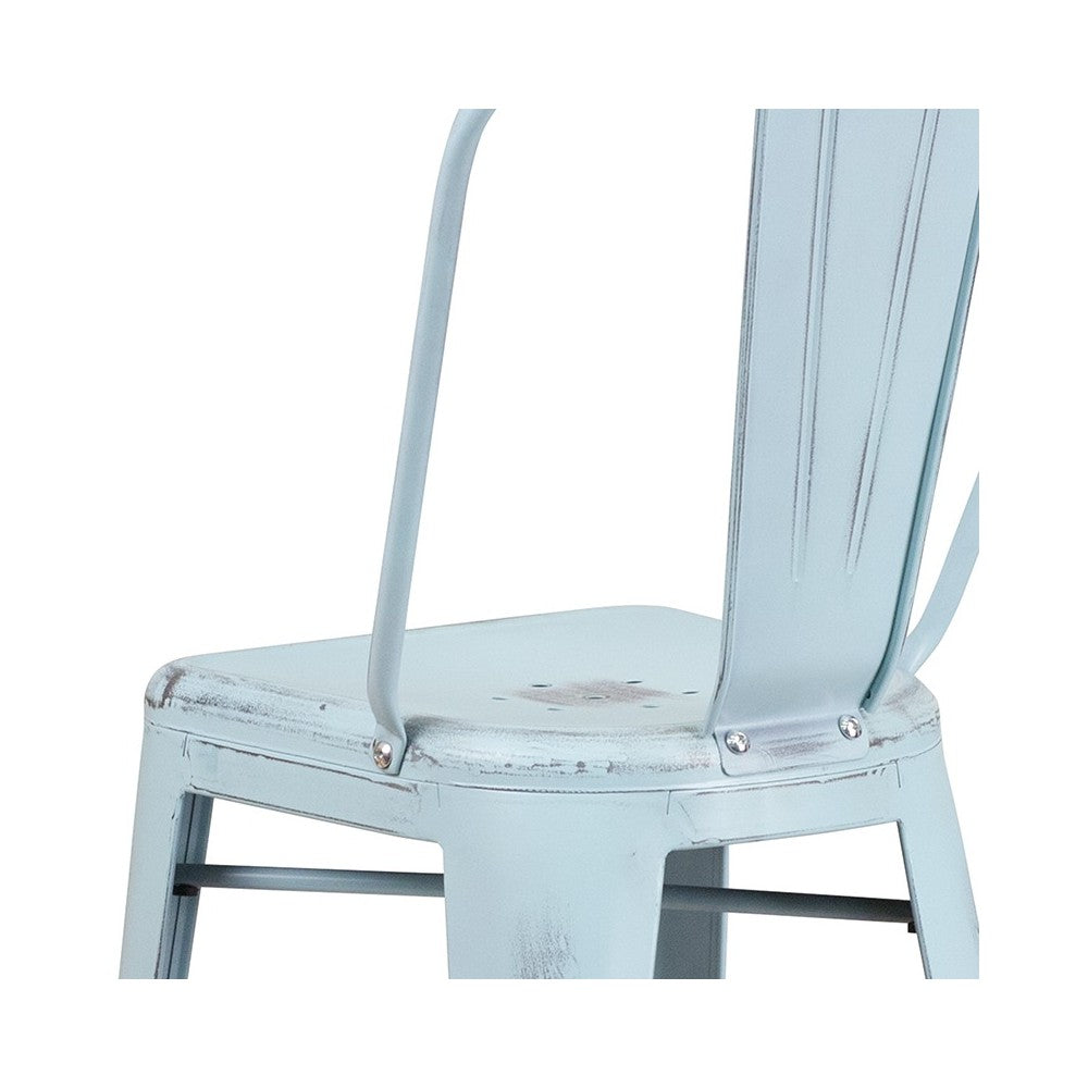 Commercial Grade 30" High Distressed Green-Blue Metal Indoor-Outdoor Barstool with Back