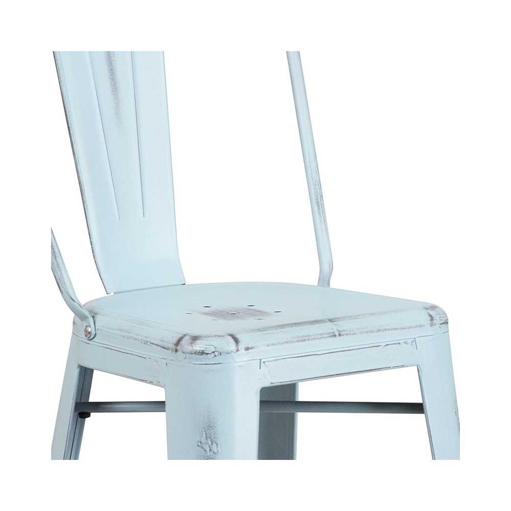 Commercial Grade 30" High Distressed Green-Blue Metal Indoor-Outdoor Barstool with Back