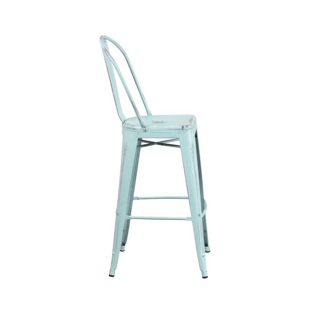 Commercial Grade 30" High Distressed Green-Blue Metal Indoor-Outdoor Barstool with Back