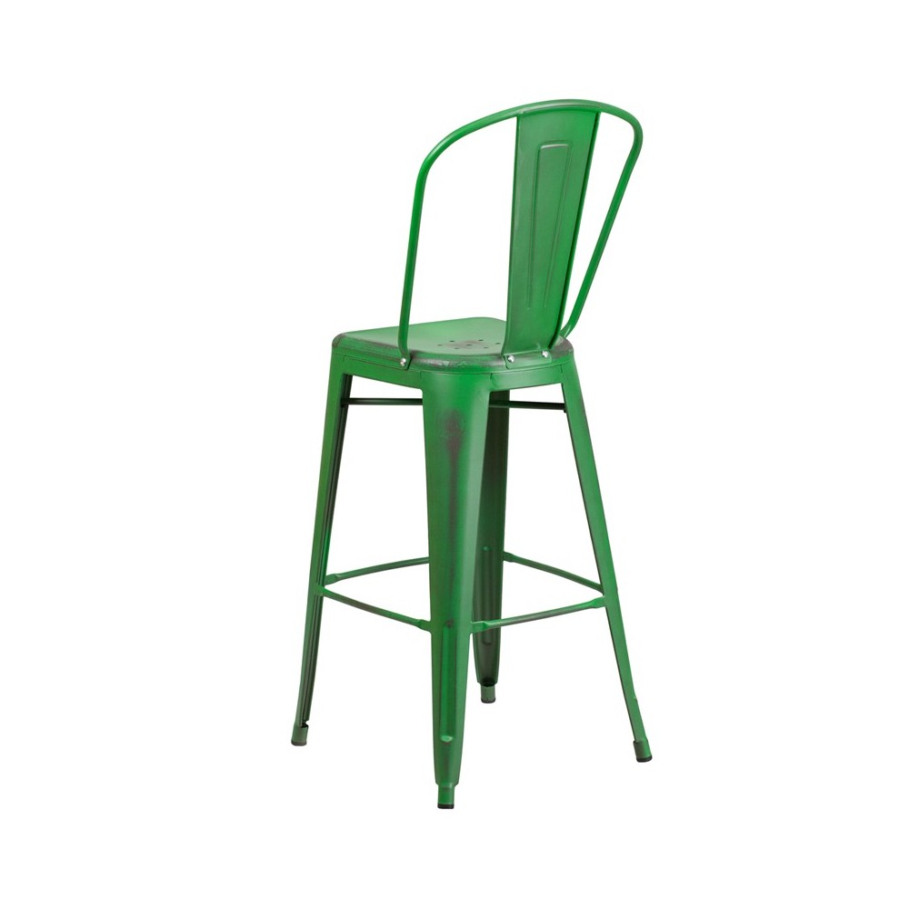 Commercial Grade 30" High Distressed Green Metal Indoor-Outdoor Barstool with Back