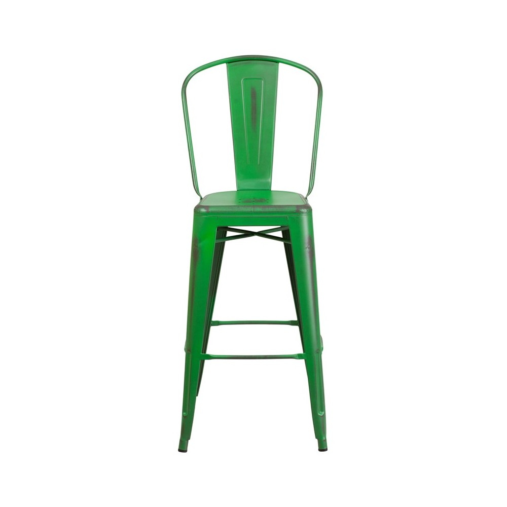 Commercial Grade 30" High Distressed Green Metal Indoor-Outdoor Barstool with Back