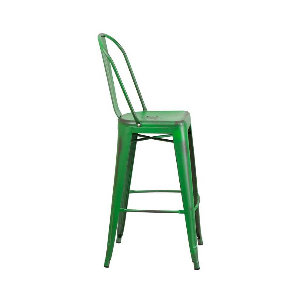 Commercial Grade 30" High Distressed Green Metal Indoor-Outdoor Barstool with Back