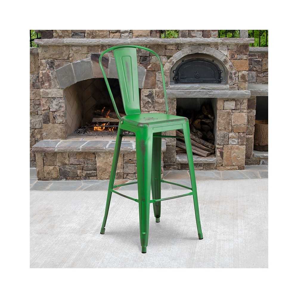 Commercial Grade 30" High Distressed Green Metal Indoor-Outdoor Barstool with Back