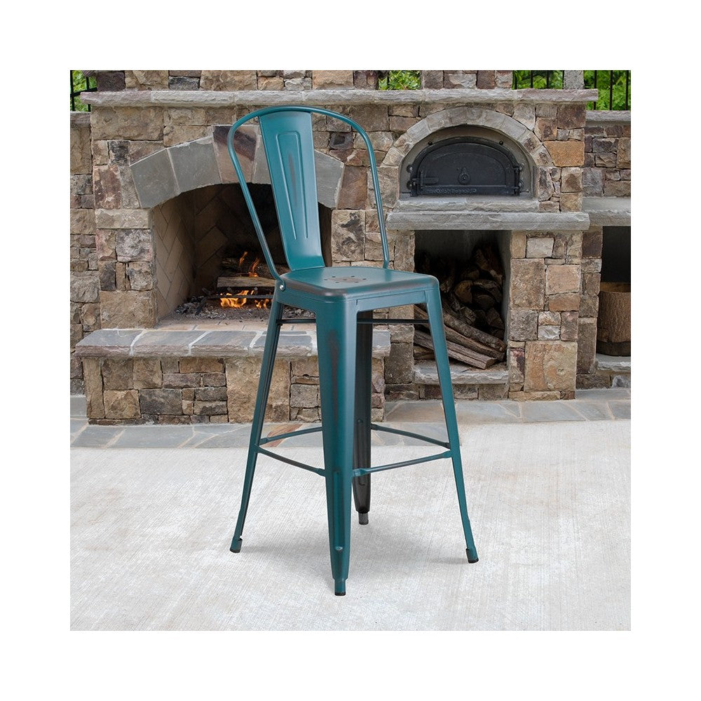 Commercial Grade 30" High Distressed Kelly Blue-Teal Metal Indoor-Outdoor Barstool with Back