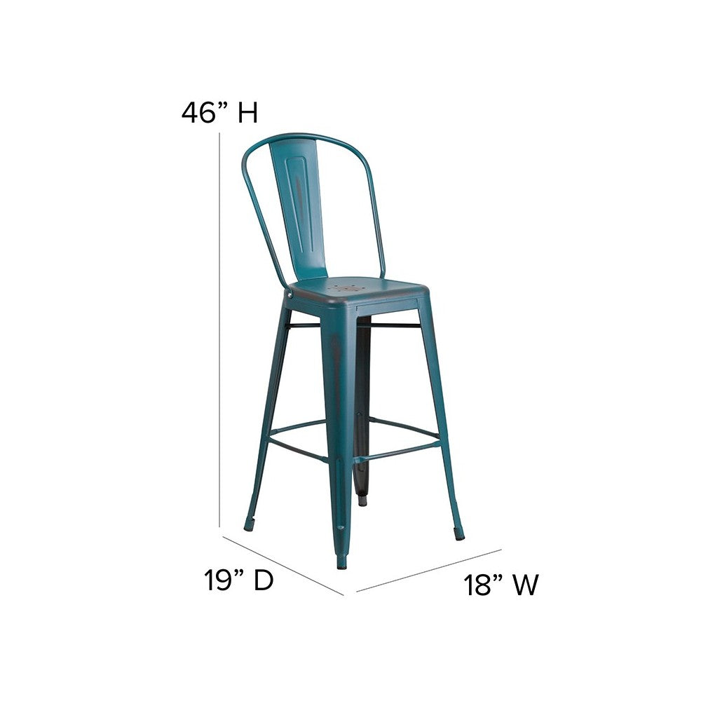 Commercial Grade 30" High Distressed Kelly Blue-Teal Metal Indoor-Outdoor Barstool with Back