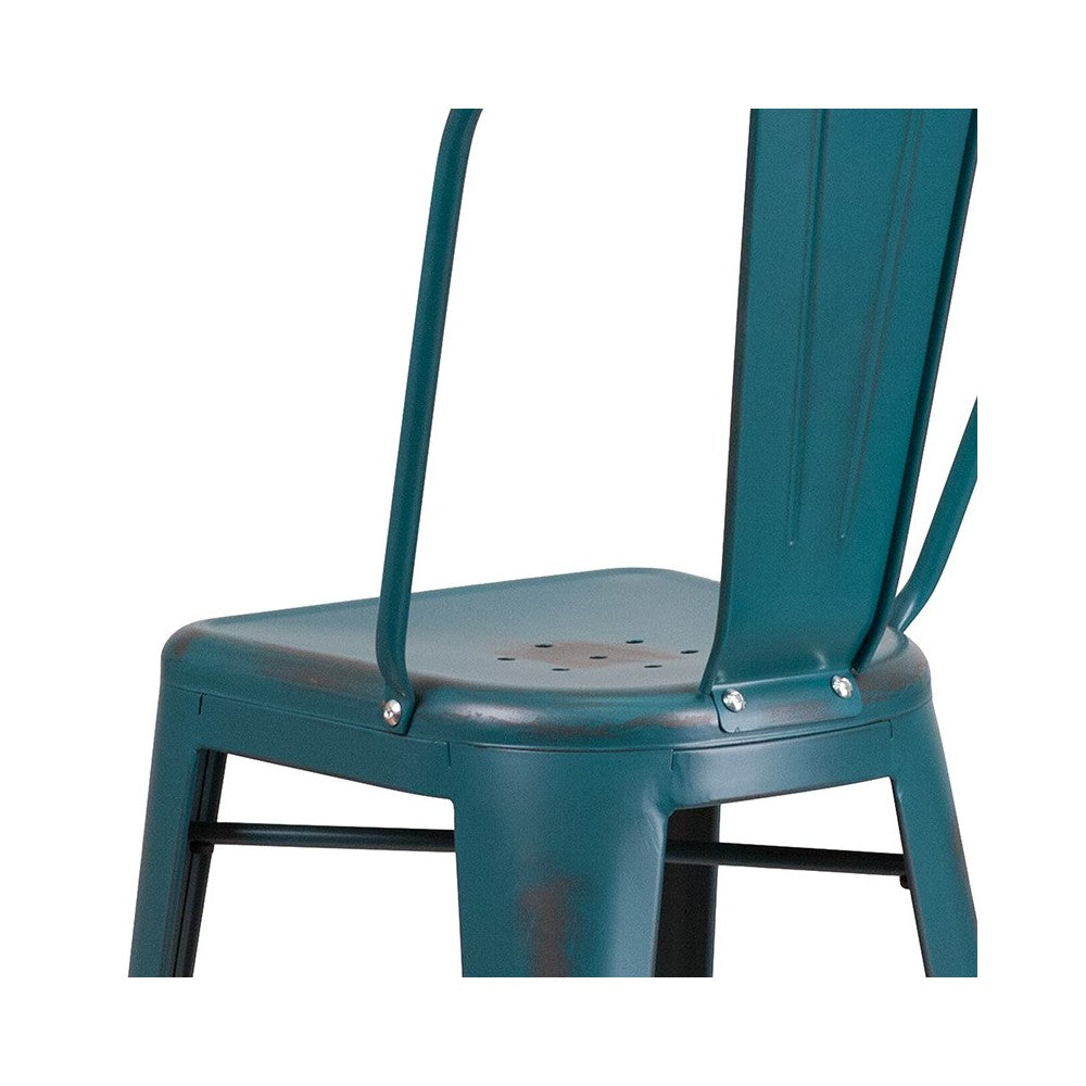 Commercial Grade 30" High Distressed Kelly Blue-Teal Metal Indoor-Outdoor Barstool with Back