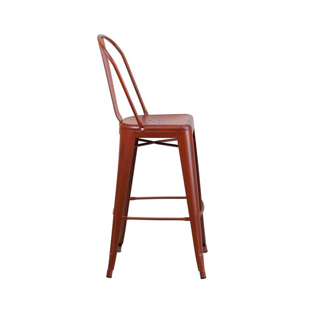 Commercial Grade 30" High Distressed Kelly Red Metal Indoor-Outdoor Barstool with Back