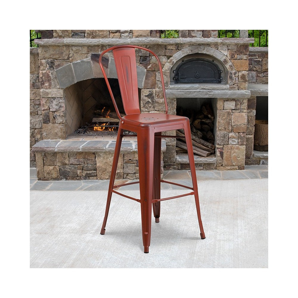 Commercial Grade 30" High Distressed Kelly Red Metal Indoor-Outdoor Barstool with Back