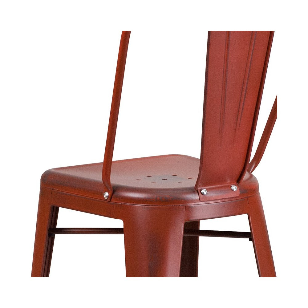Commercial Grade 30" High Distressed Kelly Red Metal Indoor-Outdoor Barstool with Back