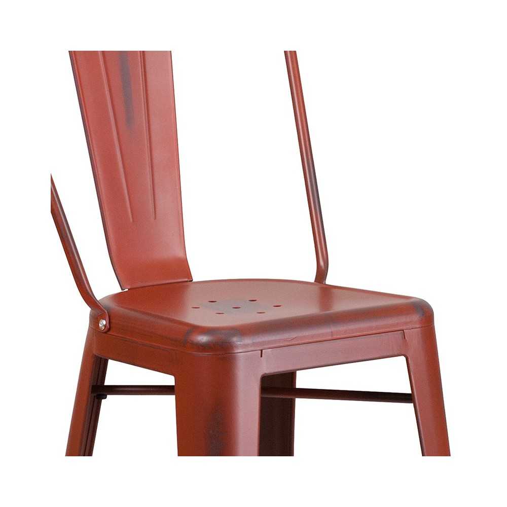 Commercial Grade 30" High Distressed Kelly Red Metal Indoor-Outdoor Barstool with Back
