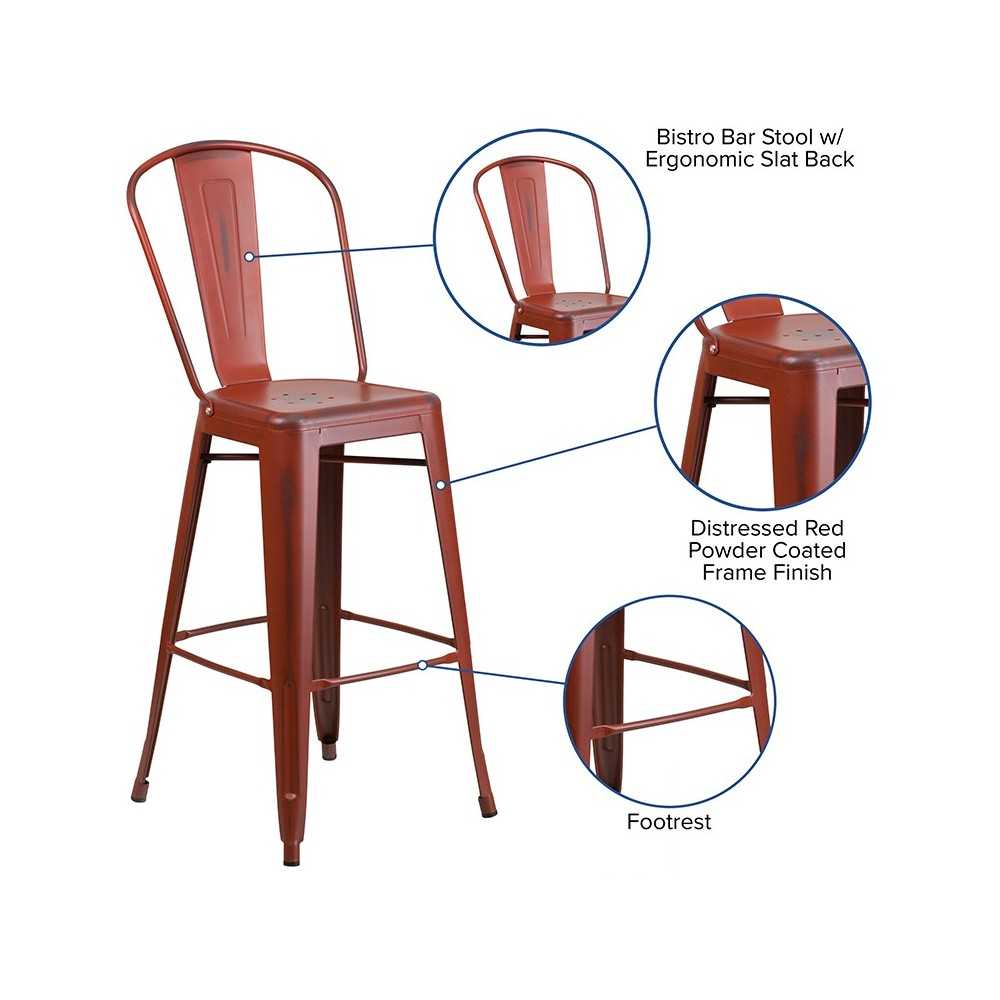 Commercial Grade 30" High Distressed Kelly Red Metal Indoor-Outdoor Barstool with Back