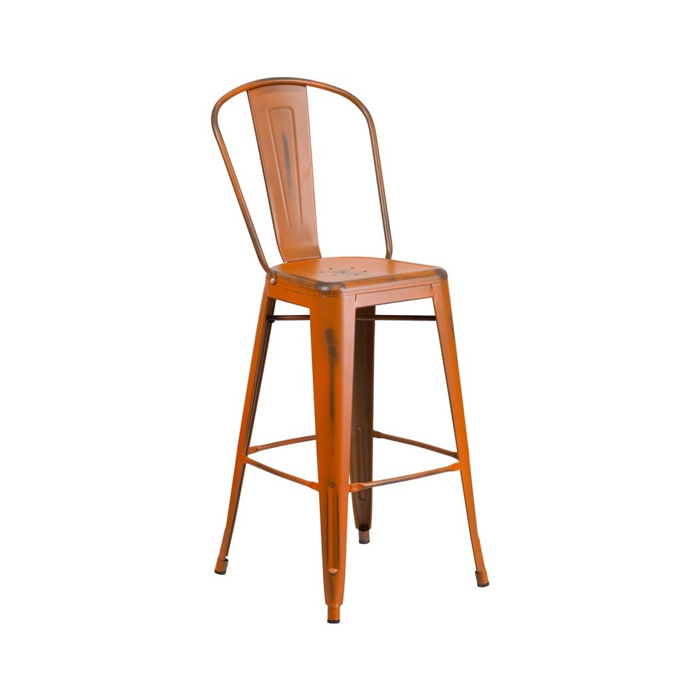 Commercial Grade 30" High Distressed Orange Metal Indoor-Outdoor Barstool with Back