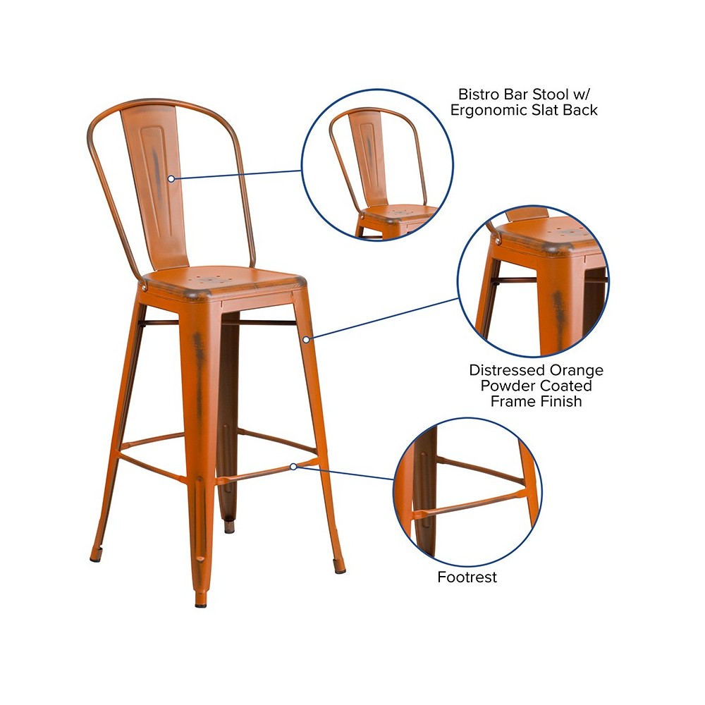 Commercial Grade 30" High Distressed Orange Metal Indoor-Outdoor Barstool with Back