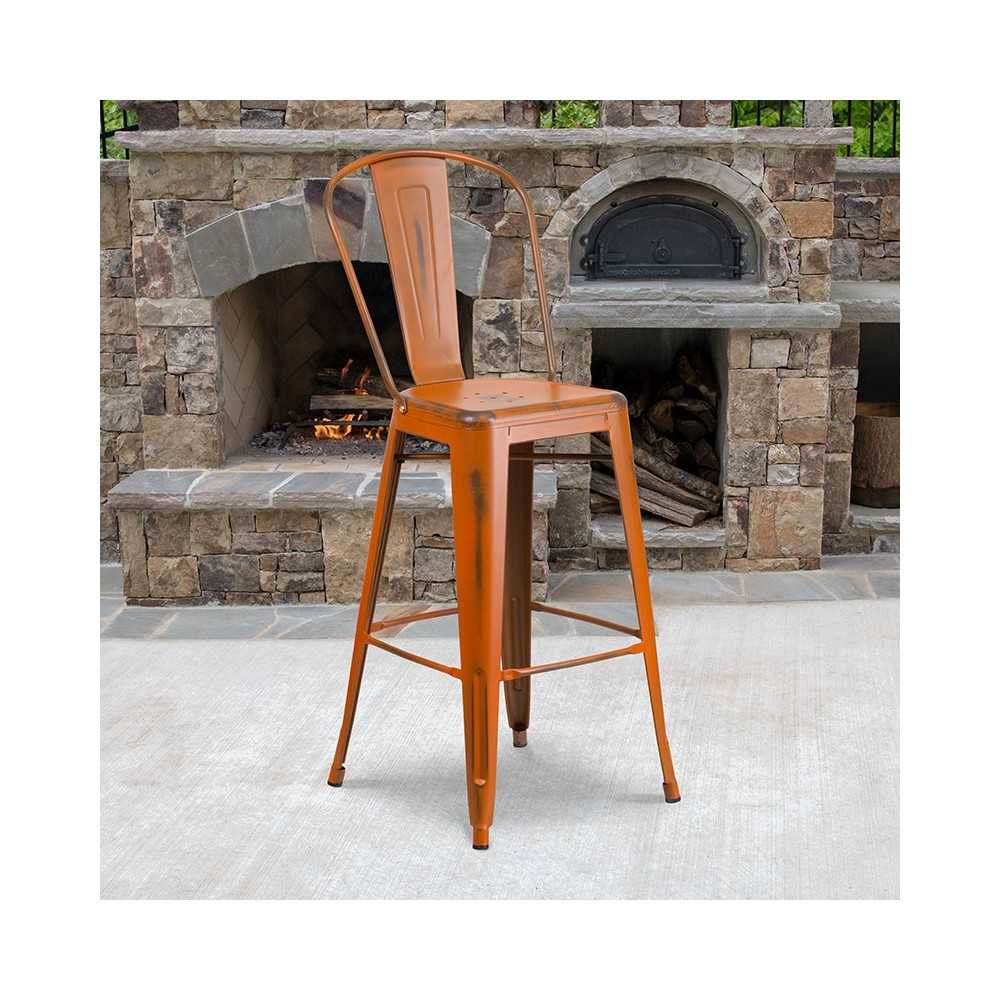 Commercial Grade 30" High Distressed Orange Metal Indoor-Outdoor Barstool with Back