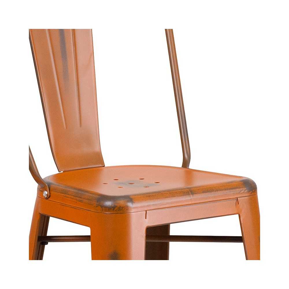 Commercial Grade 30" High Distressed Orange Metal Indoor-Outdoor Barstool with Back