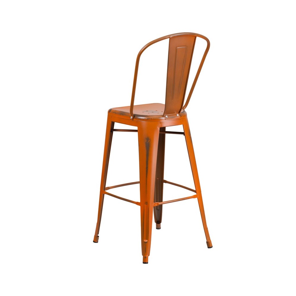 Commercial Grade 30" High Distressed Orange Metal Indoor-Outdoor Barstool with Back