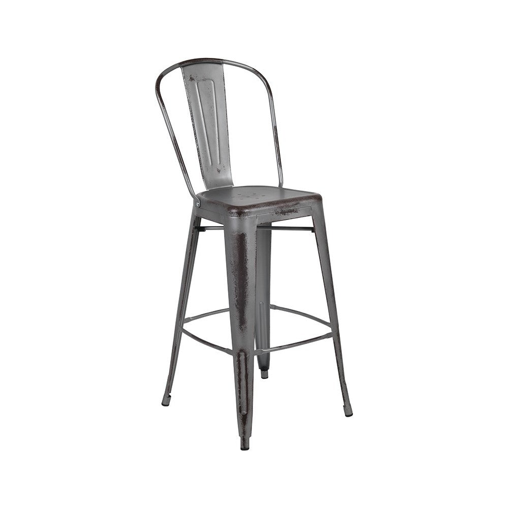 Commercial Grade 30" High Distressed Silver Gray Metal Indoor-Outdoor Barstool with Back