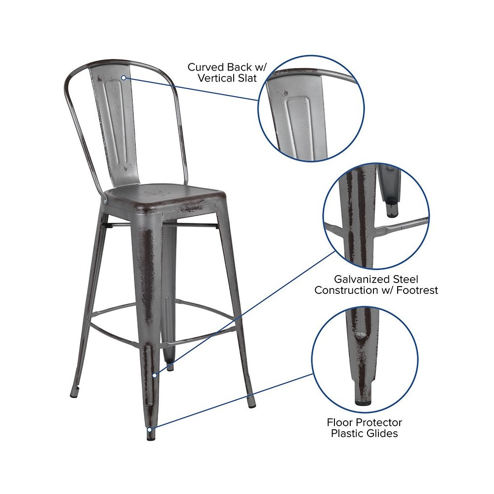 Commercial Grade 30" High Distressed Silver Gray Metal Indoor-Outdoor Barstool with Back