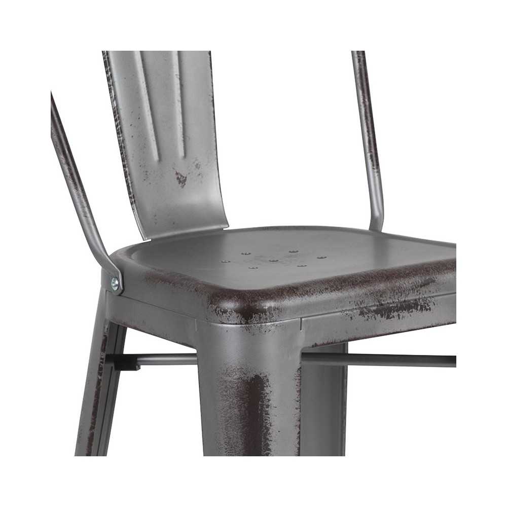 Commercial Grade 30" High Distressed Silver Gray Metal Indoor-Outdoor Barstool with Back