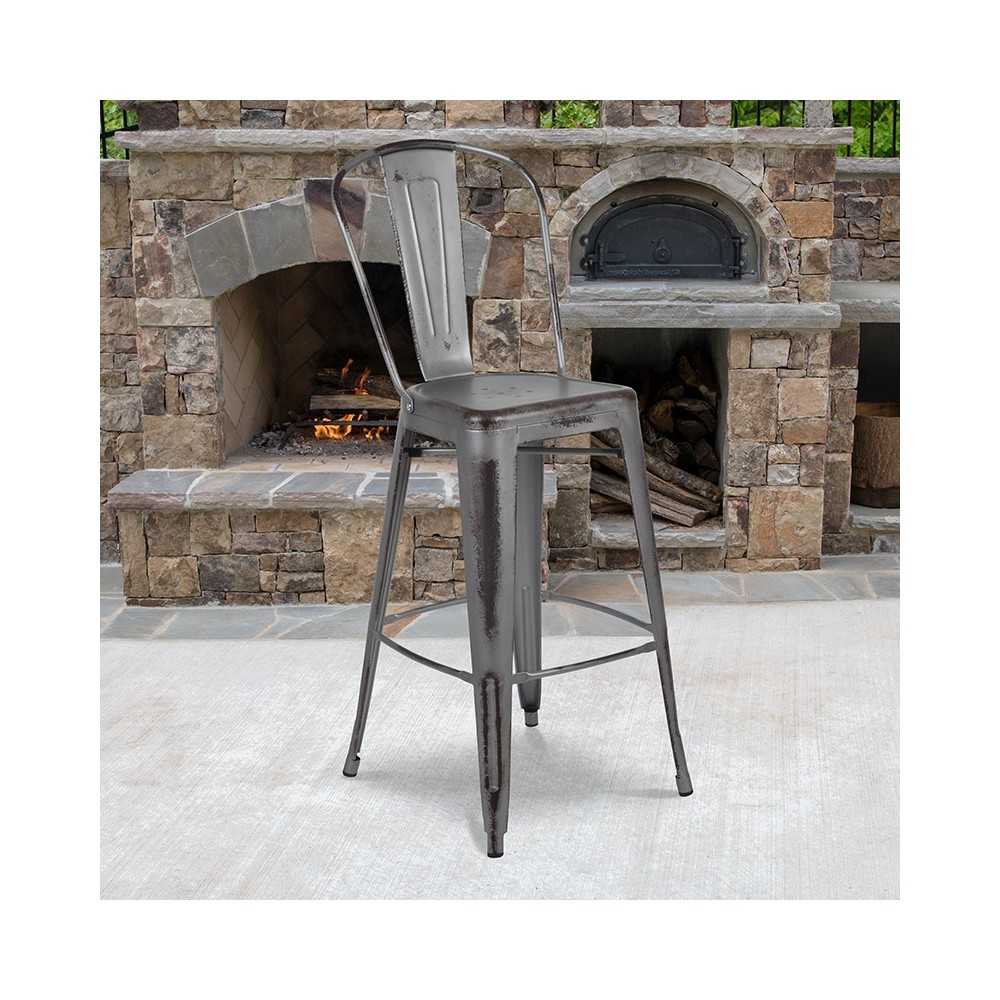 Commercial Grade 30" High Distressed Silver Gray Metal Indoor-Outdoor Barstool with Back