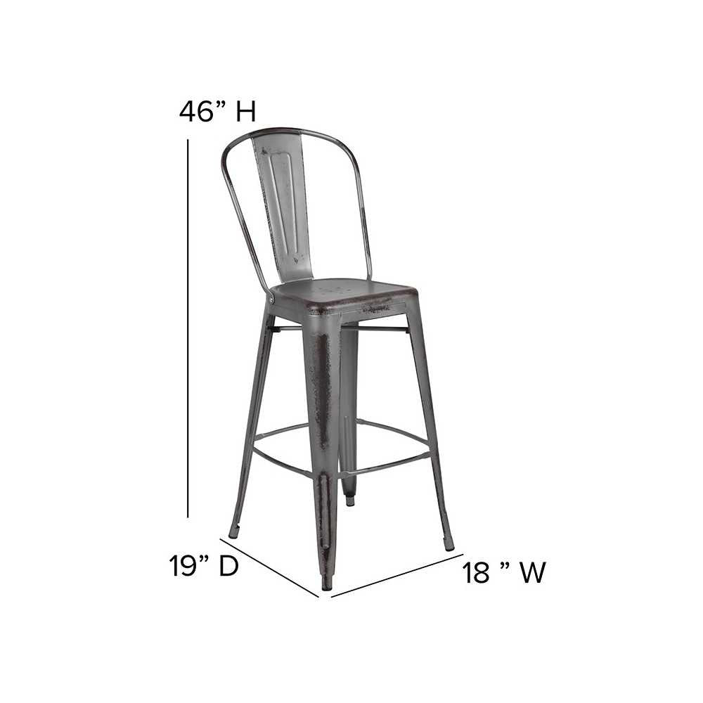 Commercial Grade 30" High Distressed Silver Gray Metal Indoor-Outdoor Barstool with Back