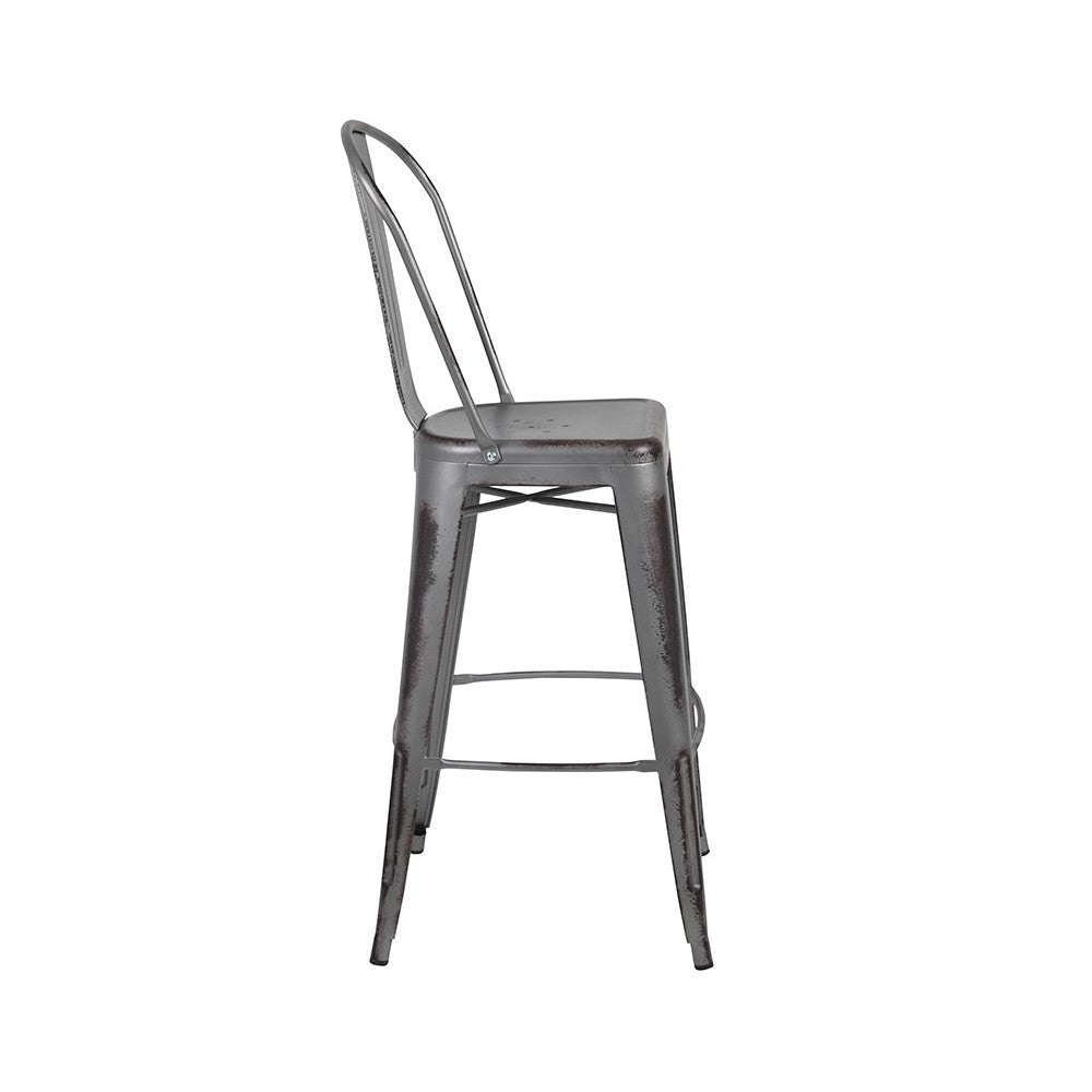 Commercial Grade 30" High Distressed Silver Gray Metal Indoor-Outdoor Barstool with Back