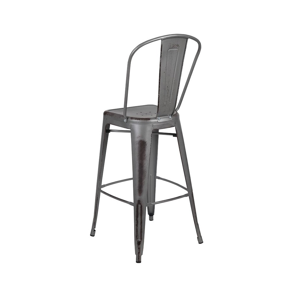 Commercial Grade 30" High Distressed Silver Gray Metal Indoor-Outdoor Barstool with Back