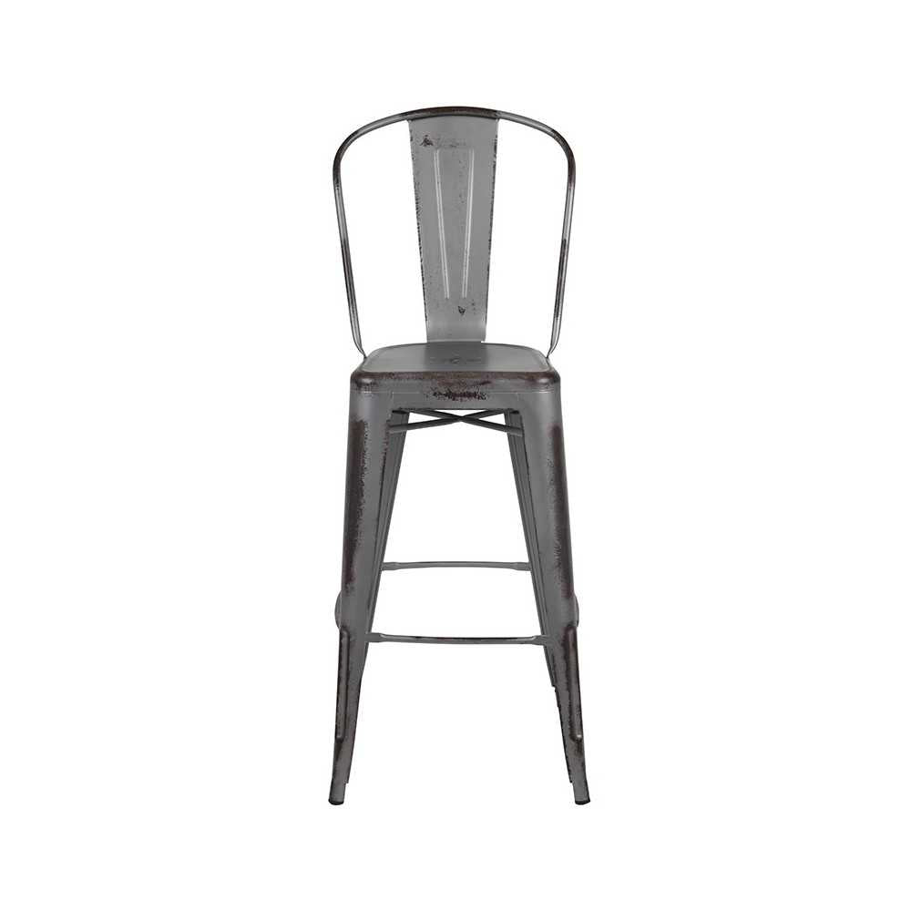 Commercial Grade 30" High Distressed Silver Gray Metal Indoor-Outdoor Barstool with Back