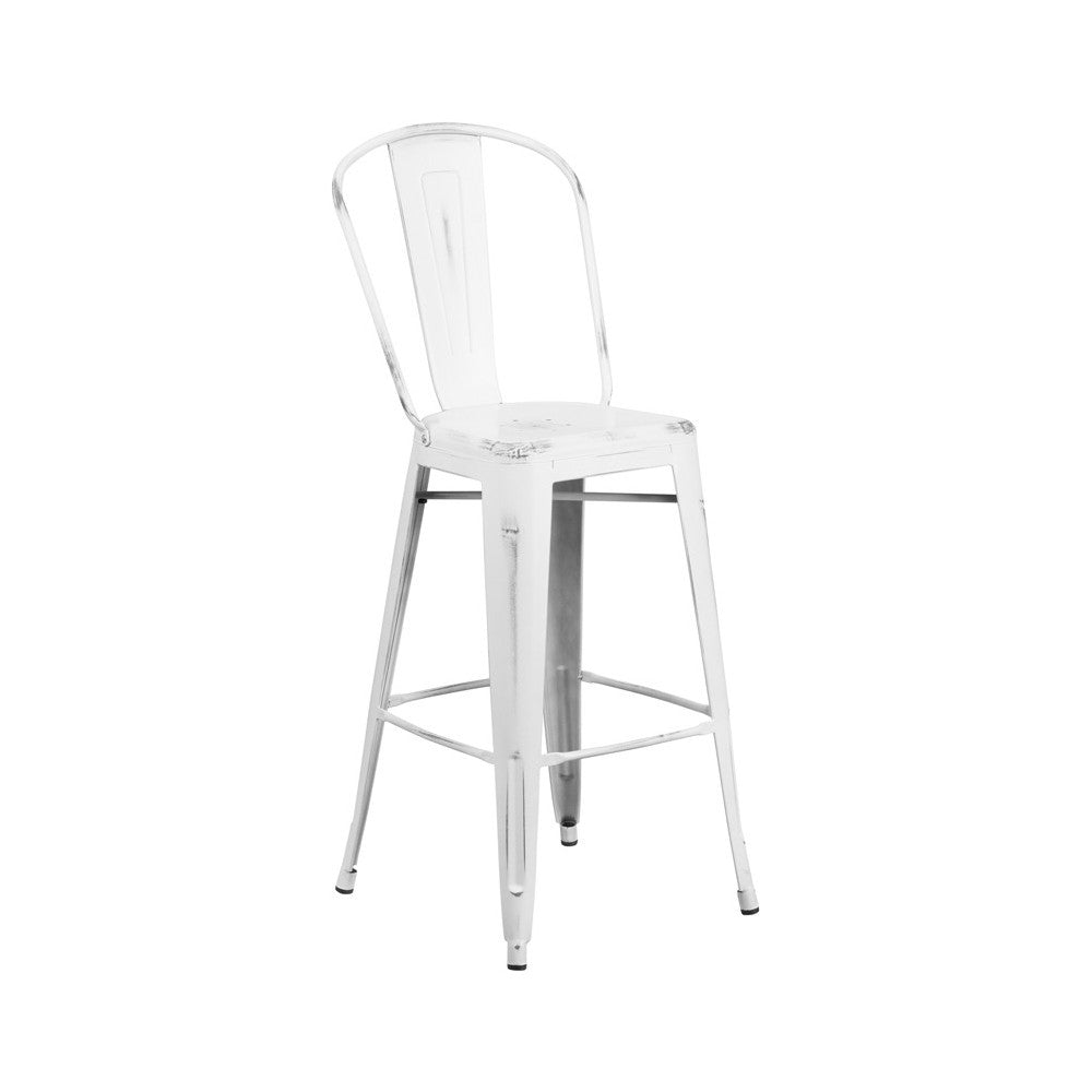 Commercial Grade 30" High Distressed White Metal Indoor-Outdoor Barstool with Back