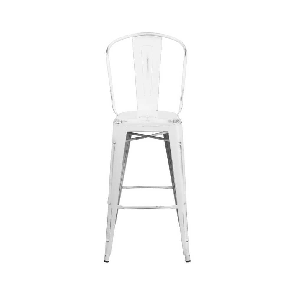 Commercial Grade 30" High Distressed White Metal Indoor-Outdoor Barstool with Back
