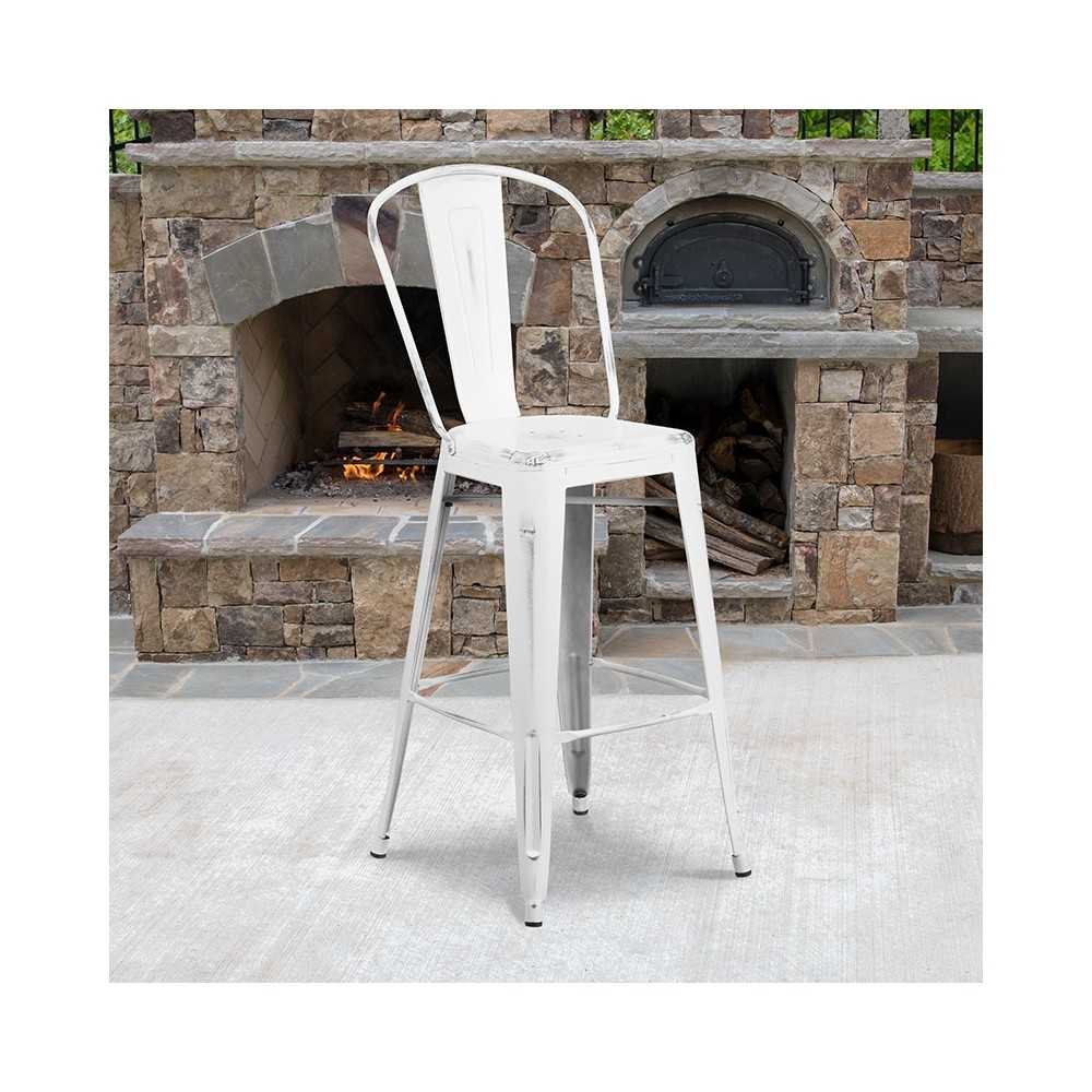 Commercial Grade 30" High Distressed White Metal Indoor-Outdoor Barstool with Back