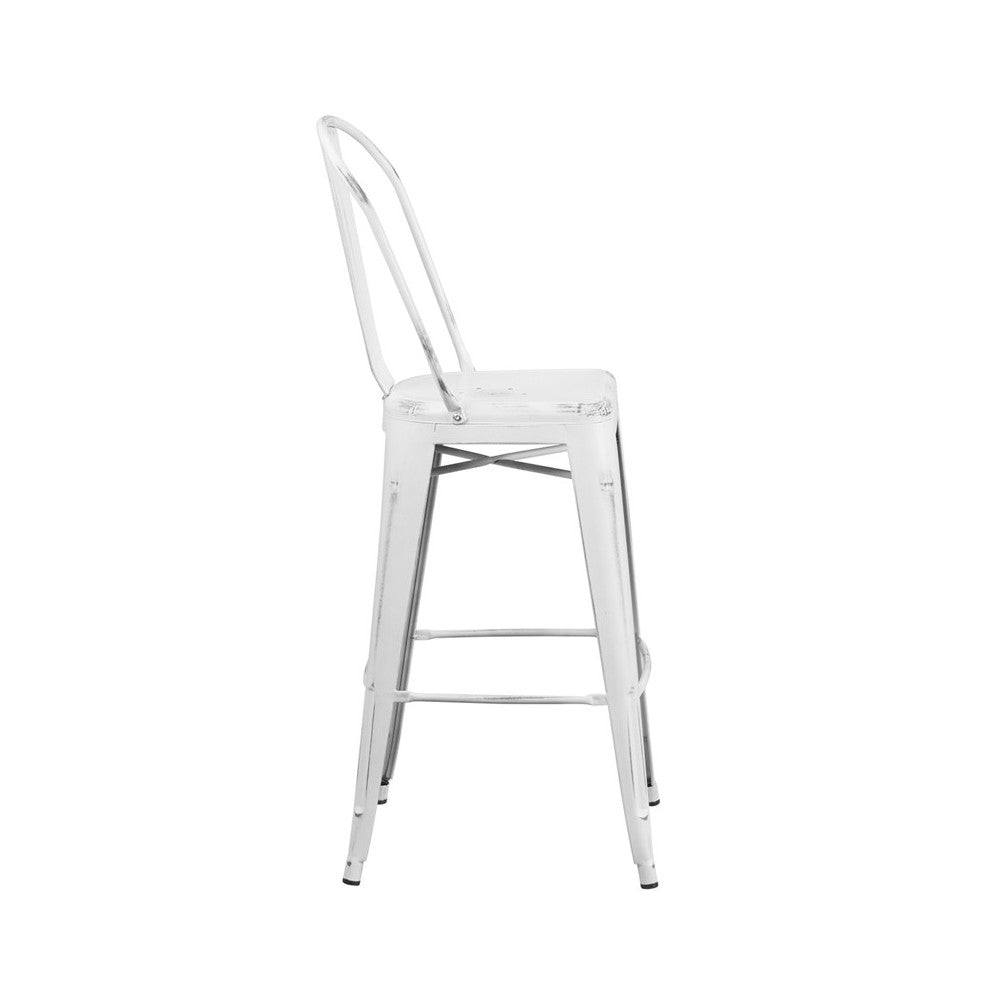 Commercial Grade 30" High Distressed White Metal Indoor-Outdoor Barstool with Back