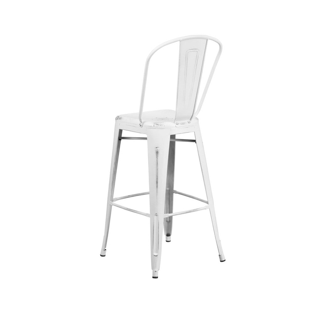 Commercial Grade 30" High Distressed White Metal Indoor-Outdoor Barstool with Back