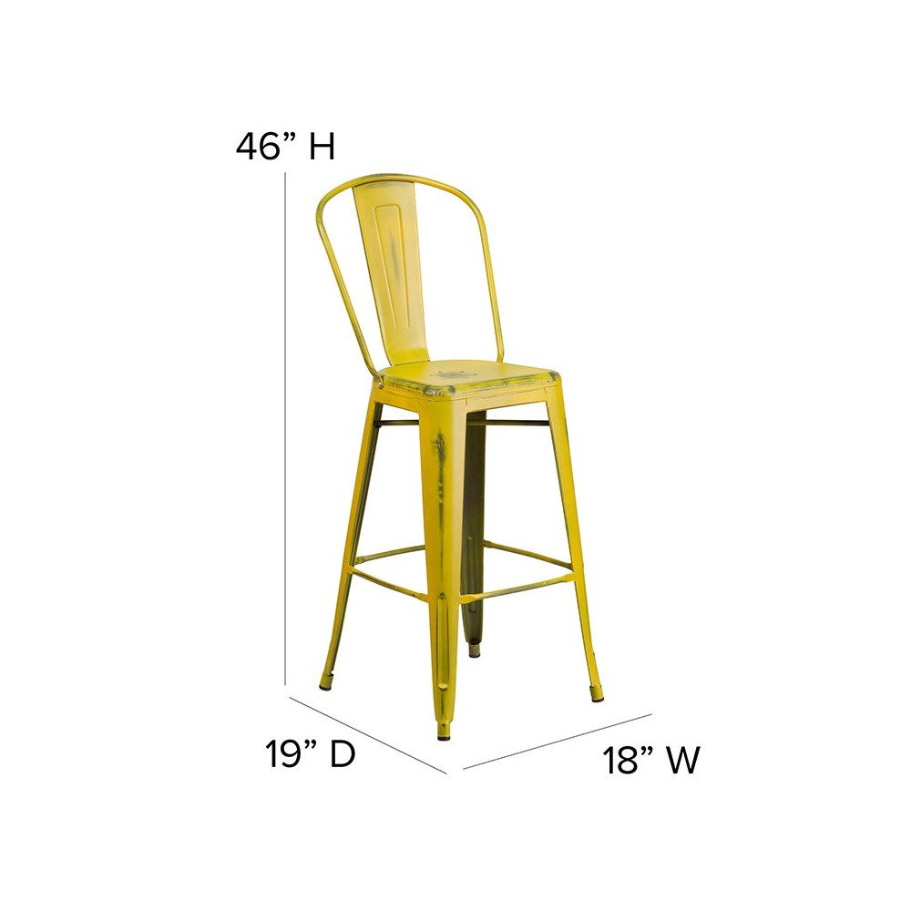 Commercial Grade 30" High Distressed Yellow Metal Indoor-Outdoor Barstool with Back