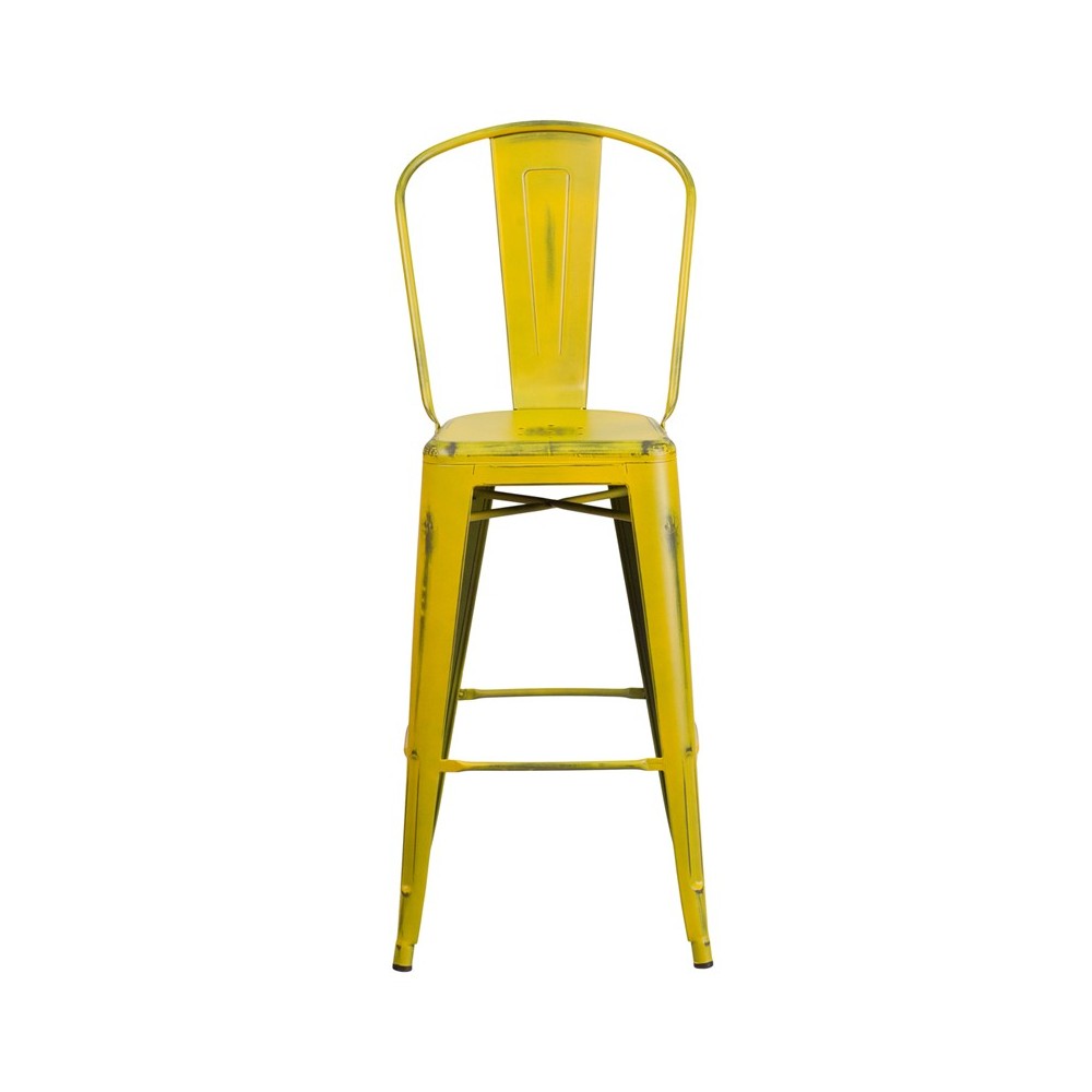 Commercial Grade 30" High Distressed Yellow Metal Indoor-Outdoor Barstool with Back