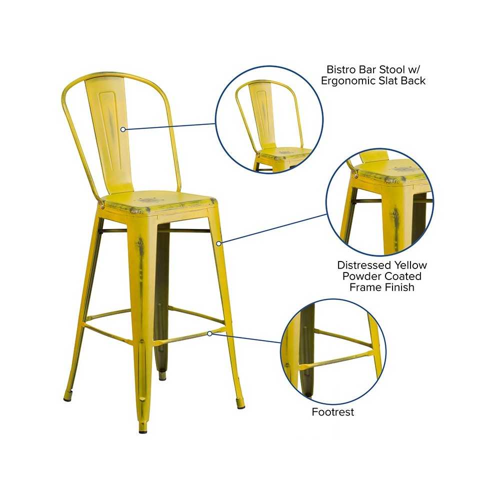 Commercial Grade 30" High Distressed Yellow Metal Indoor-Outdoor Barstool with Back