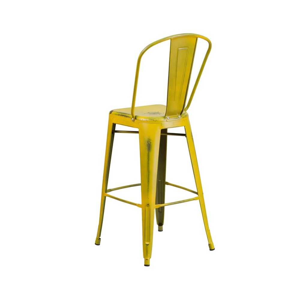 Commercial Grade 30" High Distressed Yellow Metal Indoor-Outdoor Barstool with Back