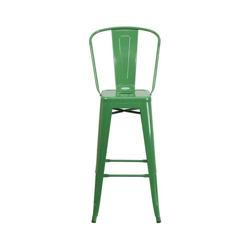 Commercial Grade 30" High Green Metal Indoor-Outdoor Barstool with Removable Back