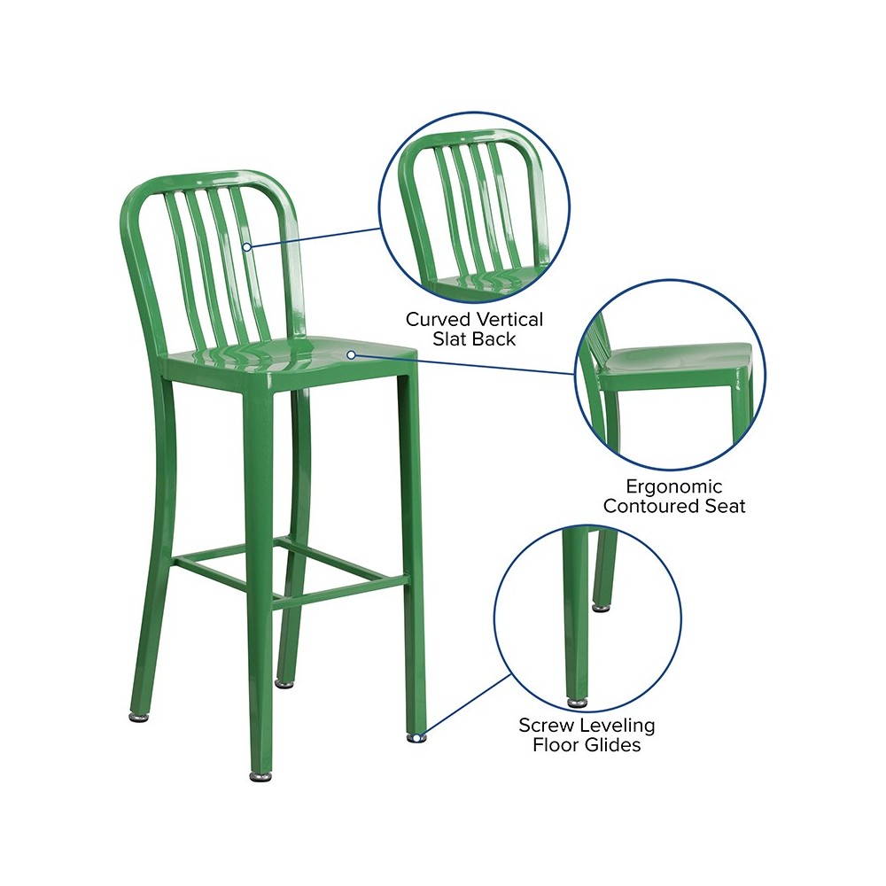 Commercial Grade 30" High Green Metal Indoor-Outdoor Barstool with Vertical Slat Back