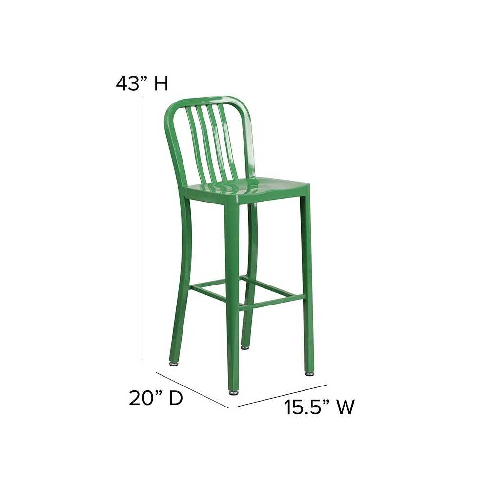 Commercial Grade 30" High Green Metal Indoor-Outdoor Barstool with Vertical Slat Back