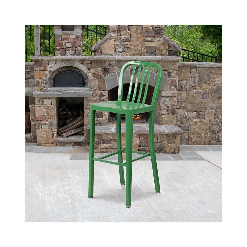 Commercial Grade 30" High Green Metal Indoor-Outdoor Barstool with Vertical Slat Back