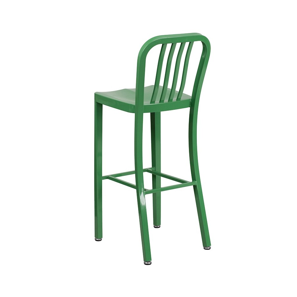 Commercial Grade 30" High Green Metal Indoor-Outdoor Barstool with Vertical Slat Back