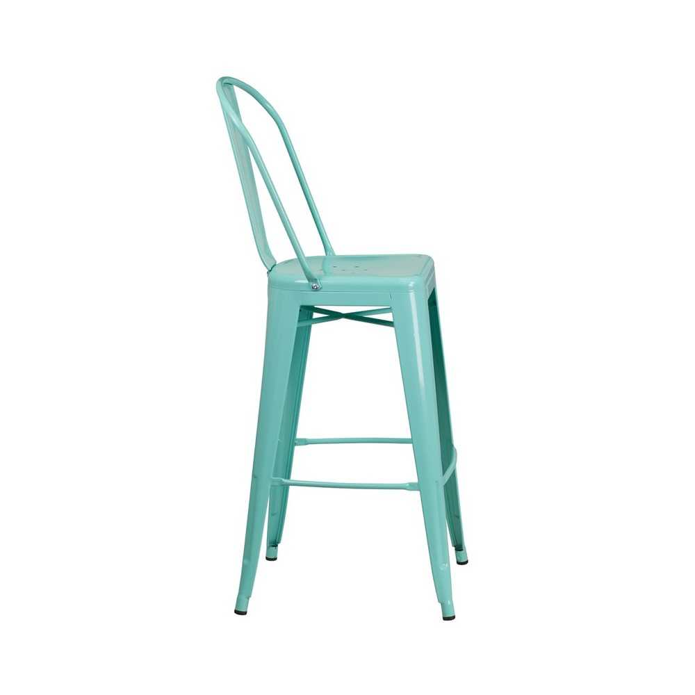 Commercial Grade 30" High Mint Green Metal Indoor-Outdoor Barstool with Back